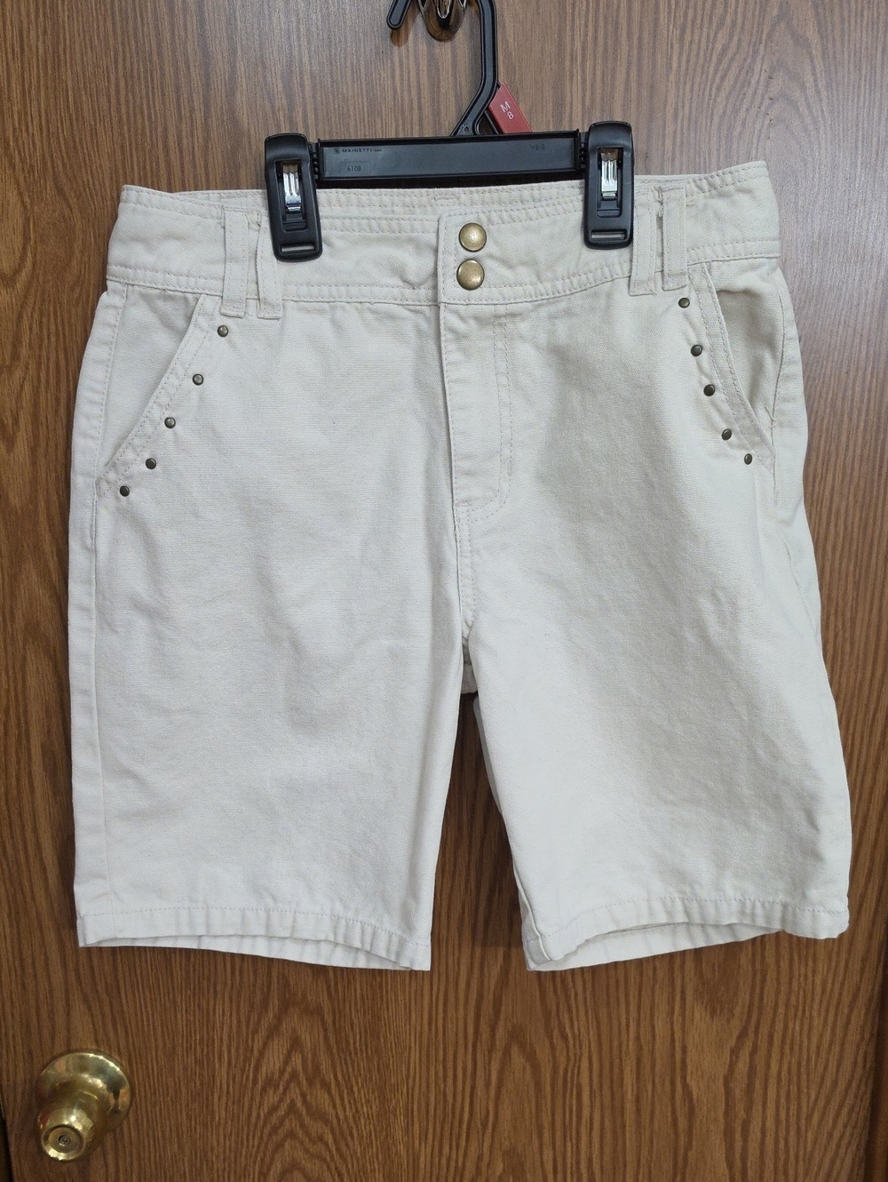 Women's Cream Flat-Front Shorts with Stud Details
